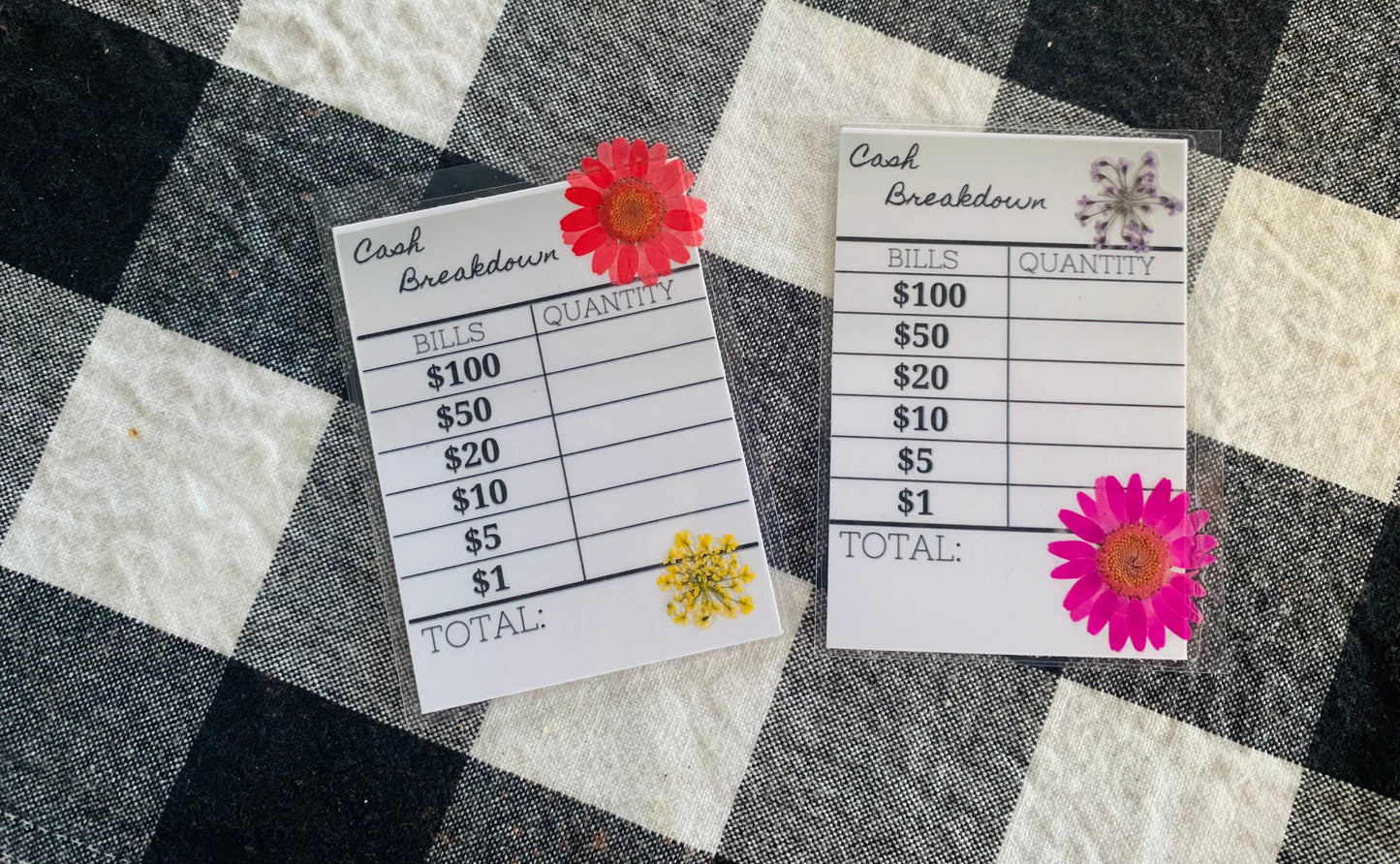 Cash Breakdown Card, Reusable Laminated Bank Slip, Budgeting Cards