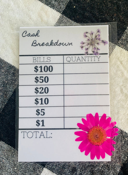 Cash Breakdown Card, Reusable Laminated Bank Slip, Budgeting Cards