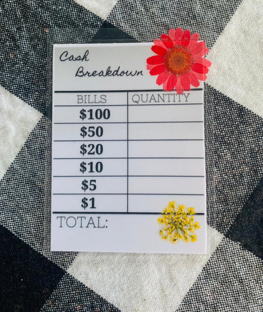 Cash Breakdown Card, Reusable Laminated Bank Slip, Budgeting Cards